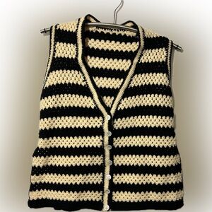 Women’s hand knit crochet black and cream striped button down vest. Size S/M